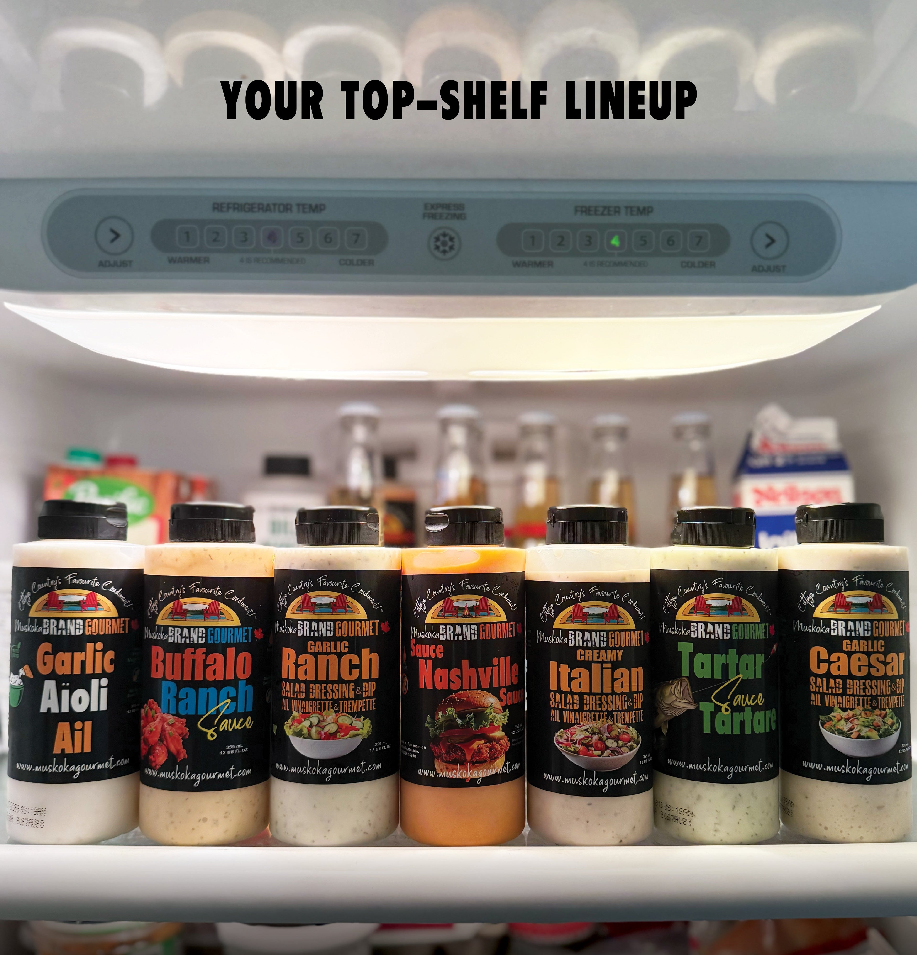Assorted condiment bottles on a refrigerator shelf with text 'Your Top-Shelf Lineup'.